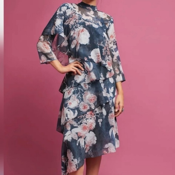 HEMANT AND NANDITA SAMMY SHEER FLORAL TIERED RUFFLE DRESS  SIZE SMALL - Picture 3 of 16